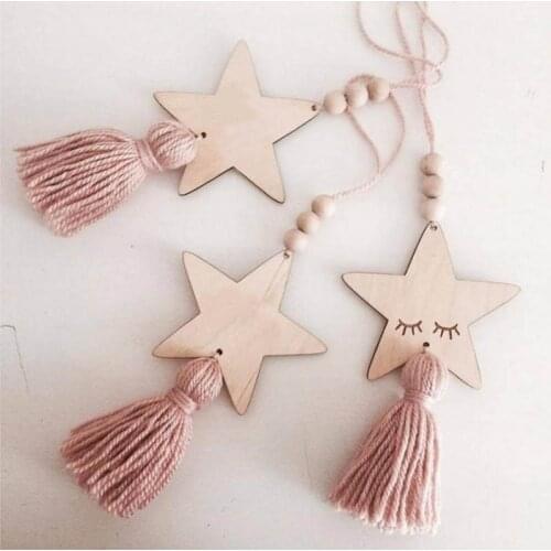 Nordic Style Cute Star Shape Wooden Beads Tassel Pendant Wind Chimes Kids Room Decoration Wall Hanging Ornament for Photography