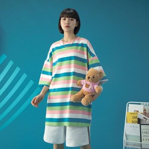 KULIQI Women Colorful Striped Summer Short Sleeve Cotton T-shirts Swag Breathable Girls Tees Fashion Tops Female