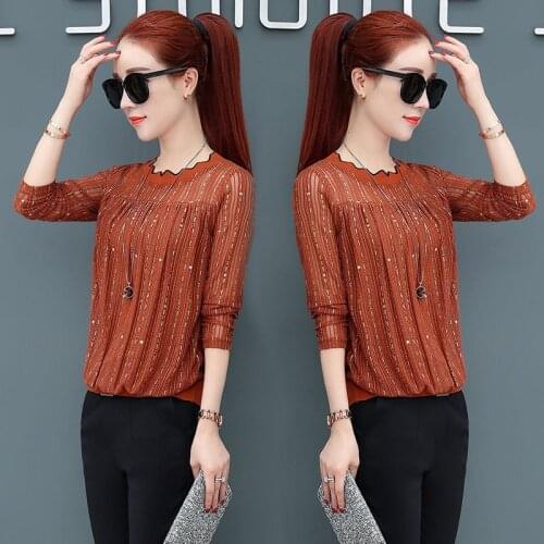 Elegant New Womens Lace Shirts Casual Blouses Long Sleeve Spring Autumn Loose O-Neck Slight Transparent Womens Tops