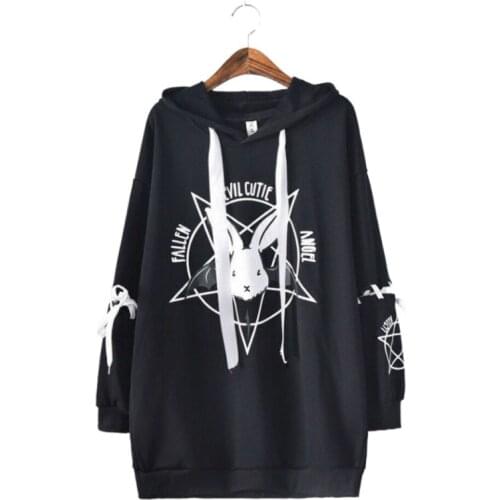 Merry Pretty cotton Black Hoodies Sweatshirts Women Rabbit Print Lace Up Sleeve Drawstring Long Pullovers BF Hooded Sweatshirt