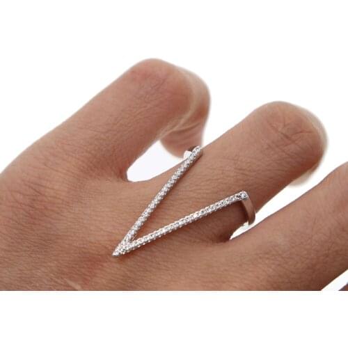 Big long V cz V chevron women finger ring silver color elegant fashion jewelry micro pave small cz stone full finger rings