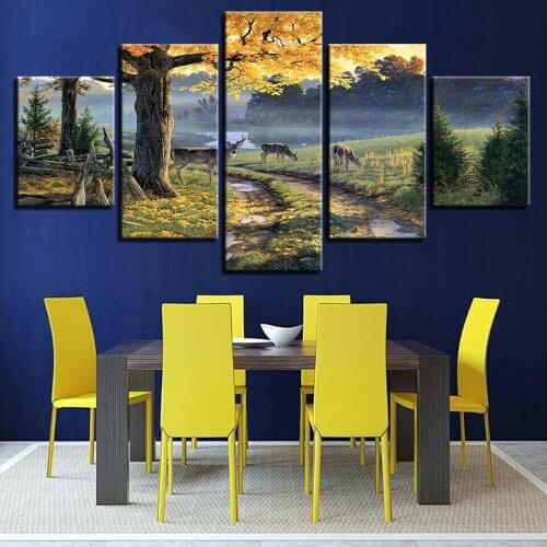 Beautiful Wild Deer Forest Trees 5 Piece No Framed Canvas Picture Print Wall Art Canvas Painting Wall Decor for Living Room