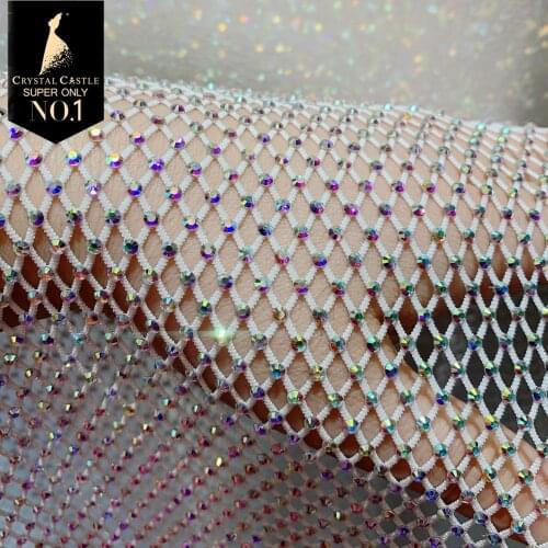 Crystal Castle Big Size 2yard Diamond Net White AB Stones Strass Mesh Scarf Rhinestones Fabric For Dresses 2YRN
