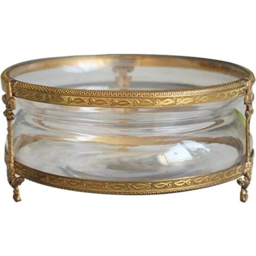 Handmade Brass with Glass Tripod round Storage Tray Fruit Plate Fruit Basin Dried Fruit Plate Decorative Collection Lucky Crafts