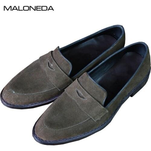 MALONEDA Handmade Genuine Leather Cow Suede Mens Goodyear Breathable Casual Slip on Loafers Comfortable Driving Shoes