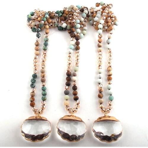 RH Fashion Beaded Jewelry Natural Stones Crystal Long Knotted Plumblossom Glass Pendant Necklaces