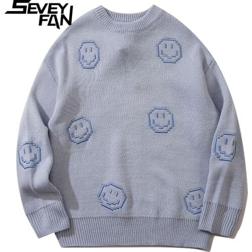 SEVEYFAN Mens Fashion Smile Face Embroidery Sweater Harajuku Loose Cotton Pullover Knitwear for Couples