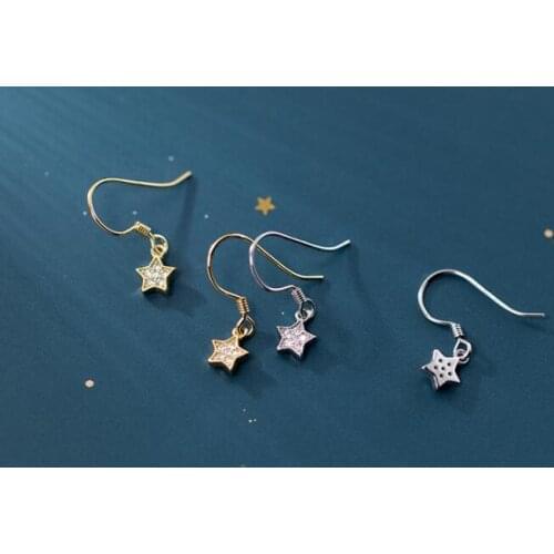 100% Real. 925 Sterling Silver Fine Jewelry CZ Set Star Hook ear earrings Dangle C-G8319