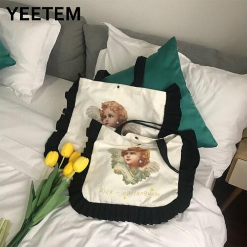Literary Angel Pearl Casual Tote Cute cartoon gentlewoman All-match Ruffles Shoulder Canvas Bag Student Girls Women Handbags