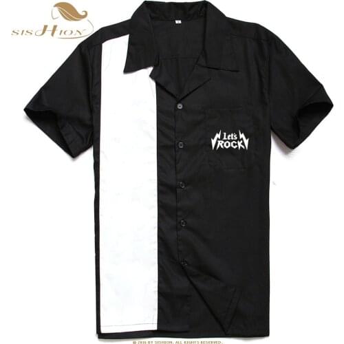 SISHION Rock Vintage Men Shirt ST126 Short Sleeve Black Pocket Cotton L-3XL Plus Size Retro Bowling camiseta hombre shirt men