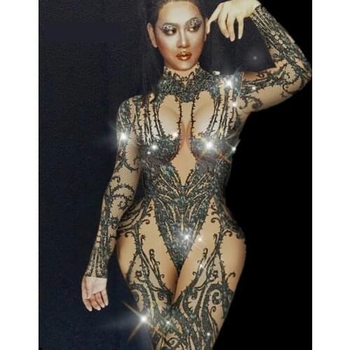 Sexy Black Nude Rhinestone Jumpsuit Sexy Nightclub Bar Wear Stones Bodysuit Leggings Prom Celebrate Outfit Performance Dress