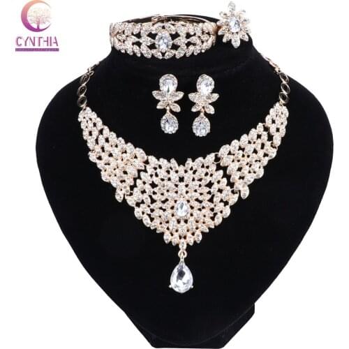 Wedding Jewelry Fashion Clear Crystal Rhinestone Necklace Earrings Bracelet Ring Set for Women Wedding Party Bridal Jewelry sets