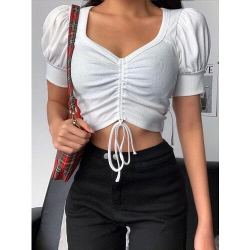 White Drawstring T shirt Crop Tops Women Summer Short Sleeve Solid V Neck Short Tee Top Sexy Slim Fashion Female Shirts