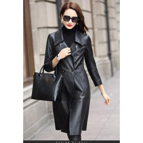 2021 Spring and Autumn Leisure Fashion Sheepskin Windbreaker Jacket Waist Simple Leather Womens Mid Length