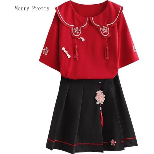 Women Sweet Dress Sets Hight Waist Mini Pleated Skirts And Red Floral Embroidery Red T Shirts 2021 Summer 2 Piece Set Clothes