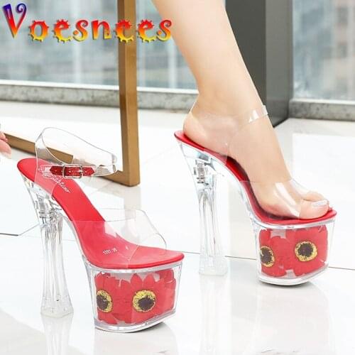 Voesnees Women Sandals Model Show High heels 17cm Sunflower Platform Fishmouth Sandals Transparent Crysta Heels Shoes for Girl