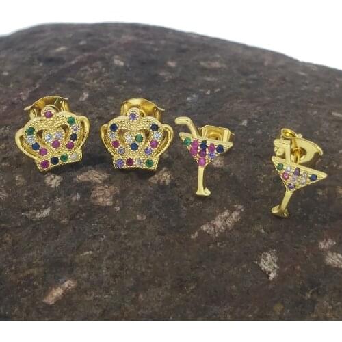 CZ Crown Stud Earrings for Women 2020 Huggie Jewelry 24k Gold Small Cute Earrings Multicolor Goblet Cheap Stud Earrings Aretes