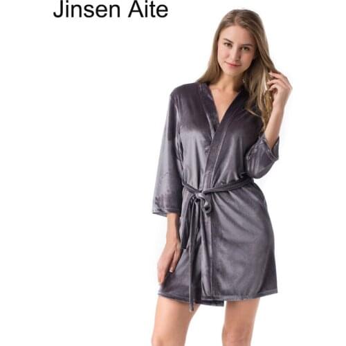 Jinsen Aite New Autumn Soft Bath Robe For Women Bandage Bathrobe Loungewear Solid Sexy Slim Sleepwear Dress Peignoir Femme JS850