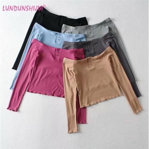 LUNDUNSHIJIA Women Off Shoulder Long Sleeve Slash Neck Spring Crop Tops Elastic T-shirt Fashion Sexy Skinny Fit Tees Top