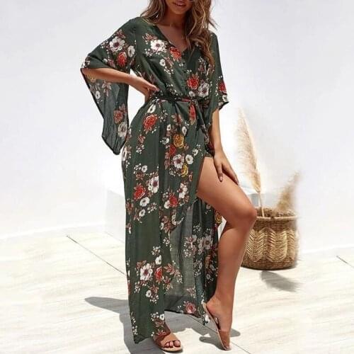 BOHO INSPIRED Womens V-Neck Wrap floral Split Belted Boho dress flare Sleeve summer beach dress chiffon bohemian women dress