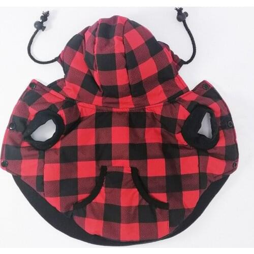 Winter Warm Dog Jacket Waterproof Classical Plaid Dog Hoodie Thick Fleece-Lined Hooded Dog Clothes Windproof Pet Warm Outfit Red
