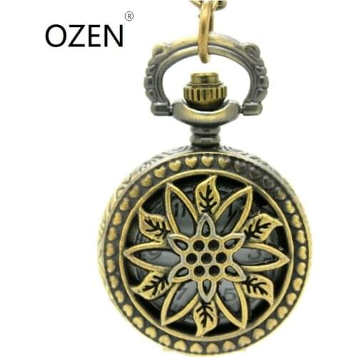 3097) 12pcs/lot Vintage bronze hollow out flower pocket Watch Necklace, Watch pendant, Dia: 2.7cm christmas party gift