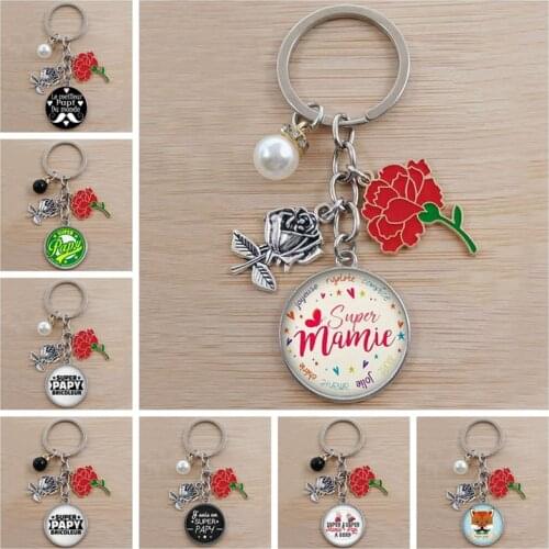 New Super Mommy Pattern Keychain Round Glass Pendant Convex Super Keychain Jewelry Mother Bag Jewelry Gift Father Memorial
