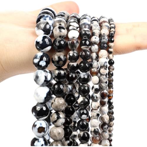 Natural Stone Beads Faceted Old Black White Agates Onyx Round Loose Spacer Bead For Jewelry Making DIY Bracelets 4/6/8/10/12MM