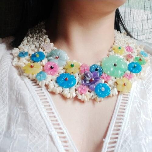 Lii Ji Big Statement Necklace Stone Flowers Amethysts Flowers Shell Mother of Pearl Necklace 46cm Bracelet 19cm
