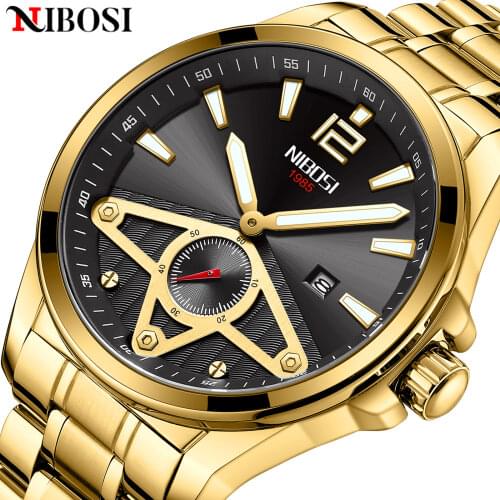 NIBOSI Gold Skeleton Mens Watches 2021 Top Luxury Brand Waterproof Quartz Wristwatch Sports Chronograph Clock Gift For Men Watch