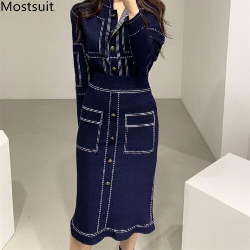 Korean Ol Style Knitted Two Piece Skirt Sets Outfits Women 2020 Autumn Single-breasted Tops + Pencil Skirt Elegant Ladies Suits