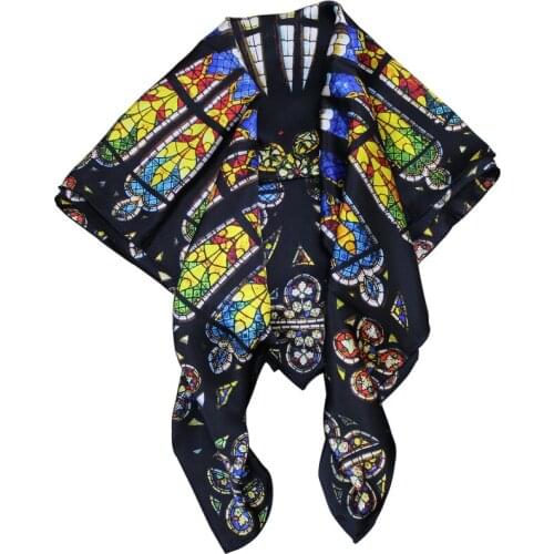 New 110cm 16 Momme Silk Charmeuse Fabric Square Silk Scarf Notre-dame DE Paris Window of the Rose Handmade Scarves Pashmina