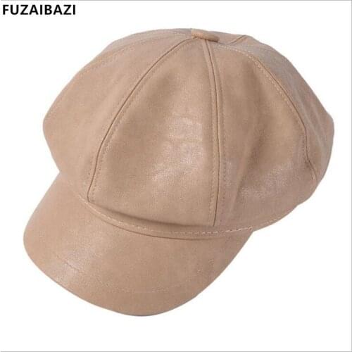 FUZAIBAZI New Autumn Winter Fashion PU Leather Newsboy Hat Trend Snapback Womens Octagonal Cap Leisure Motion Ladies Brand Hats
