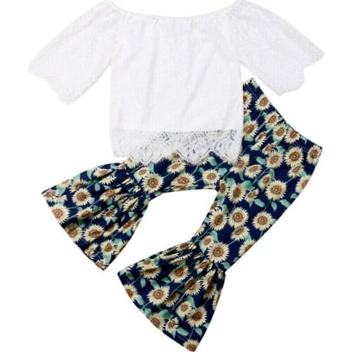 Princess Infant Baby Girl Clothes Lace Tops+Sunflower Flared Pants Outfit Set Loose Pants Bell Bottoms Outfits Set