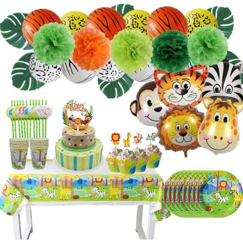 Jungle Forest Animal Theme Disposable Tableware Plate Mugs Hats Tablecloth Straw Baby Shower Birthday Party Decor Supplies