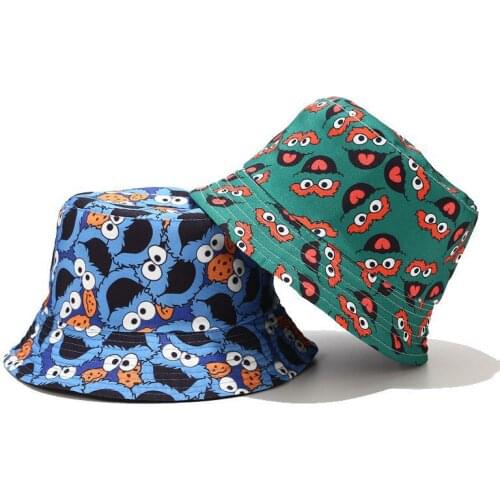 Fashion Reversible Cartoon Bucket Hats For Women Men Two Side Street Fisherman Fishing Sun Hat Vintage Printed Hip Hop Cap