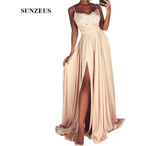 Spaghetti Straps Bridesmaid Dresses 2020 Appliques Bodice Long Adult Wedding Party Gowns Side Slit Vestito Damigella Donna