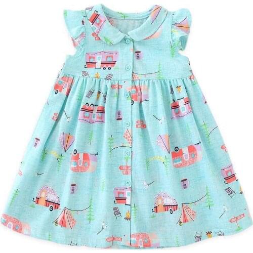 Flower girl dresses Girls sleeveless doll collar green dress with car print A-line dress girl clothes