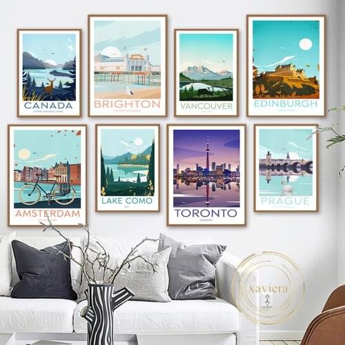 World Travel Cities Poster Canada Prague Italy Scotland Wall Art Canvas Painting Nordic Landscape Picture for Living Room Decor