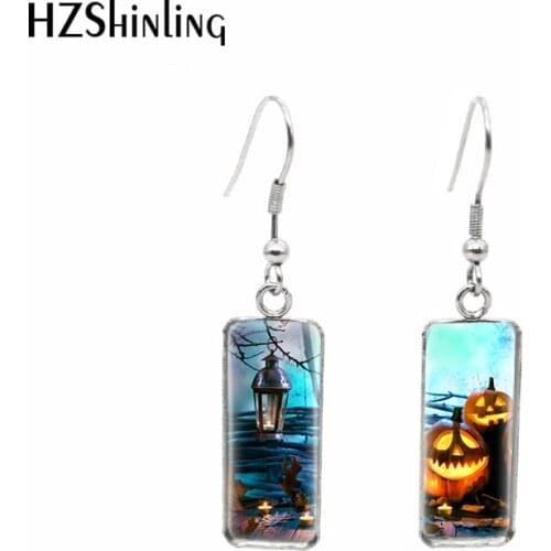 2020 New Happy Halloween Rectangular Earring Pumpkins Cat Earrings Glass Cabochon Fish Hook Earring Jewelry Gifts