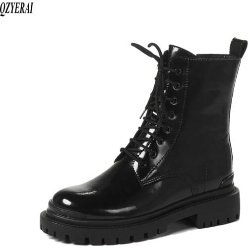 QZYERAI New style Genuine leather Martin boots Female boots Womens boots black cowhide Womens shoes