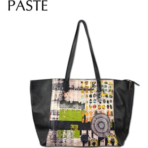 Abstract Graffiti DIY Cartoon Printing Full Grain Cowhide Leather Top-handle Tote Bag Large Womens Handbag Luxury Shoulder Bags