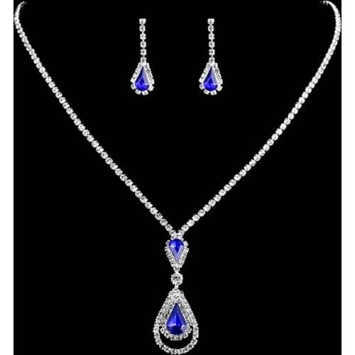 FORSEVEN Blue Red Rhinestone Stud Dangle Earrings Claw Chain Pendant Necklace Jewelry Sets for Bridal Bride Noiva Wedding Party