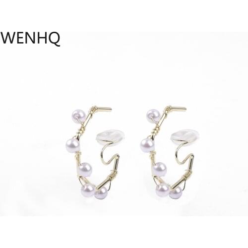 WENHQ Gold Color Minimalist C Shape Clip on Hoop Earrings Non Pierced Cute Earrings for Women Faux Pearl Jewelry Ear Clip Gift