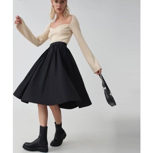 MUICHES High Waist A-Line Black Skirt Female Knee-Length Skirts Basic Solid 2021 New Fashion Office Lady Holiday