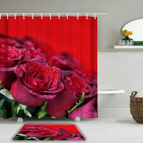 Red Rose Flower 3D Print Shower Curtain with Hooks Set Polyester Waterproof Bathroom Curtains Toilet Anti-slip Bath Mat WC Rugs