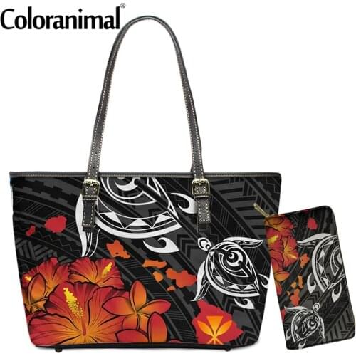 Coloranimal Hawaii Turtles Hibiscus Plumeria Printed Women Shoulder Bag 2Pcs/Set Large Handbag With Purse Leather Tote Bolsa Hot