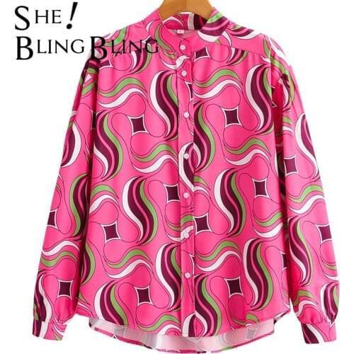 SheBlingBling Za 2021 Pink Geometric Print Summer Autumn Drop Shoulder Casual Women Loose Shirt Curved Hem Female Blouses Tops