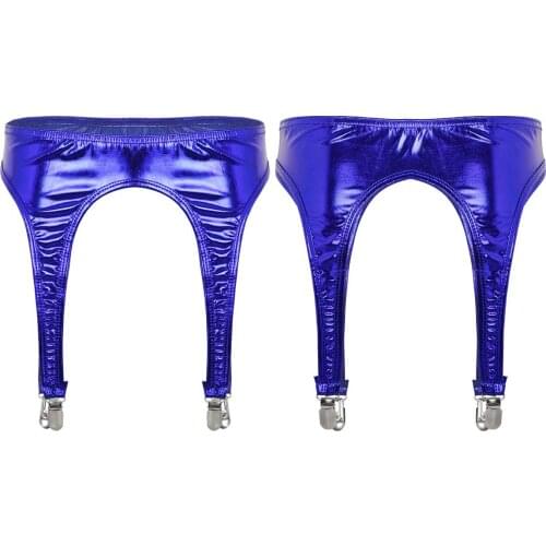 Women Exotic Clubwear Shiny Metallic Sexy Garter Belt with Duck-Mouth Clips Suspender Pole Dance Thigh High Stockings Underwear
