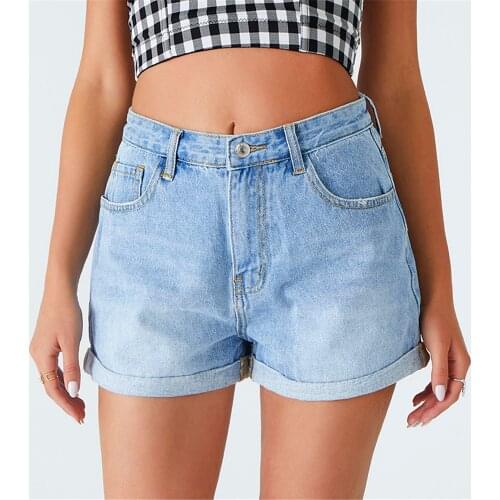 Womens Summer Casual Denim Shorts Blue High Waist High Quality Cotton Jeans Shorts 2021 New Female Solid Color Short Jeans Lady